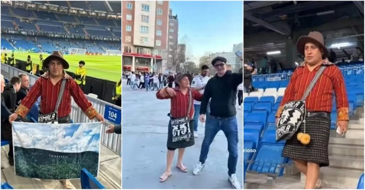 Esta fotografía está dándole la vuelta al mundo, guatemalteco con traje típico en el Bernabéu