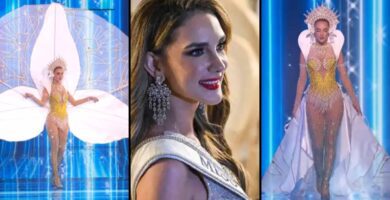 Michelle Cohn en el escenario de Miss Universo 2023 con el tradicional Traje Verapaz.