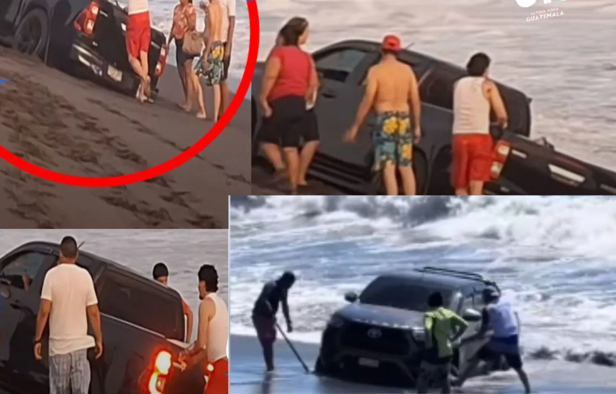 Pickup de Familia Chapina queda atrapado en la playa en plena Semana Santa