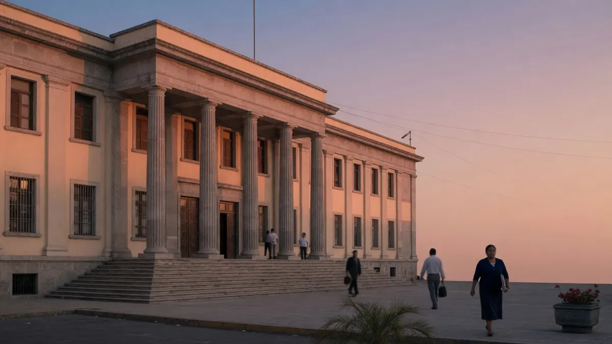 Ilustración editorial generada por IA de un edificio institucional para representar la transición en el Ministerio Público