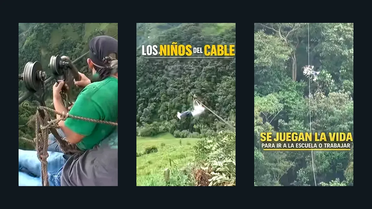 Montaje editorial del cruce por cable en Guayabetal, Colombia