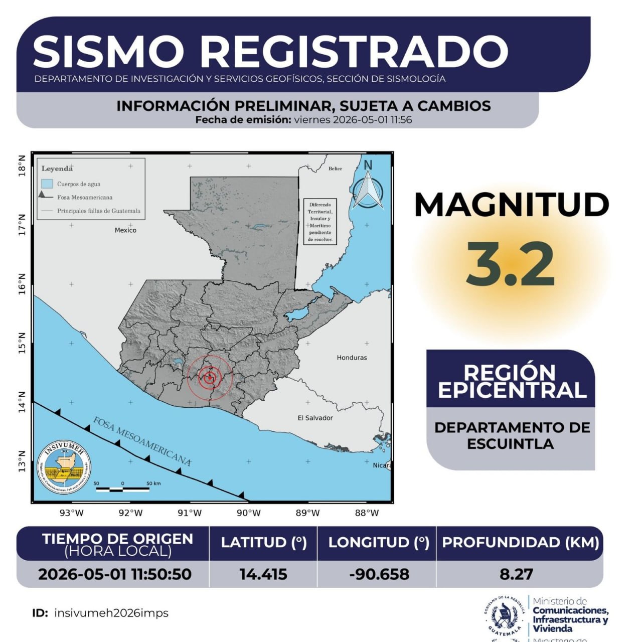 Sismo sensible de magnitud 3.2 se registra en Escuintla