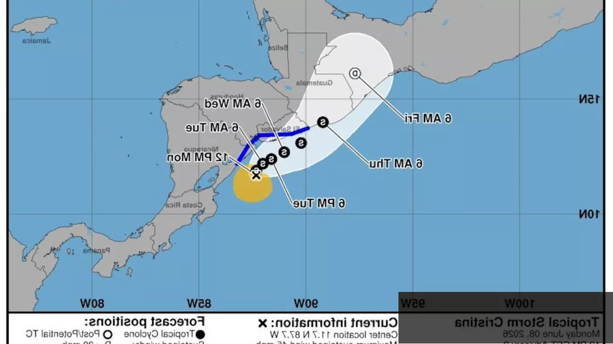 Mapa de trayectoria pronosticada de la tormenta tropical Cristina sobre Centroamérica